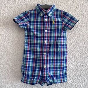 Ralph Lauren Baby Blue Plaid Cotton Shortall One Piece Romper‎ Size 3 Months